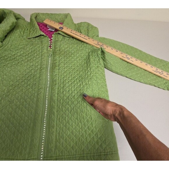 The Quacker Factory Silk Quilted Blazer Jacket Rhinestones Medium Green Pink QVC - Picture 13 of 13